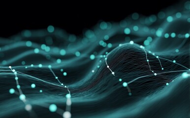Poster - An abstract digital technology background of science presents a futuristic concept, characterized by the emergence of blue or teal optical fiber lines from a dark, central location