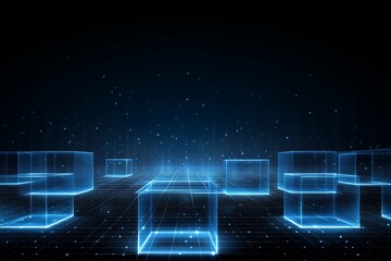 Aufkleber - In a toned 3D rendering generated by AI, a dark blue background is paired with a blue technology background featuring glowing cubes, as well as a 3D square and neon light line