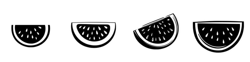Poster - Vector illustration of black and white watermelon slices arranged in a row showcasing different angles and cuts