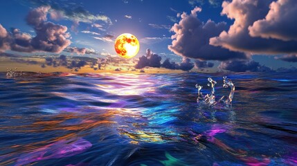 Poster - Moonrise over the sea, still water catching lunar glow, soft wave movement