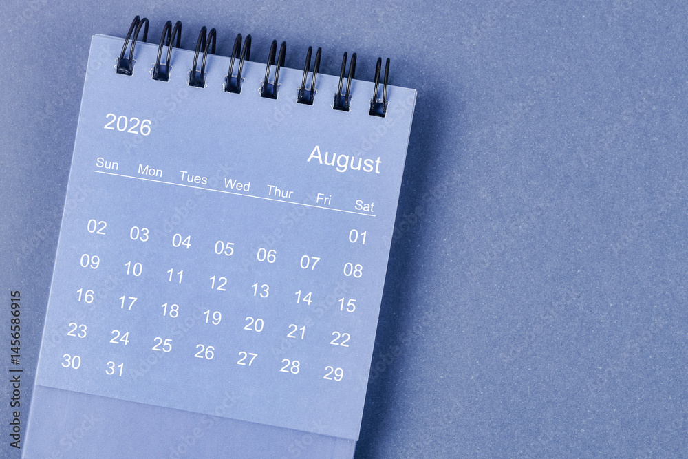 August 2026 Monthly desk calendar for 2026 year on blue background ...