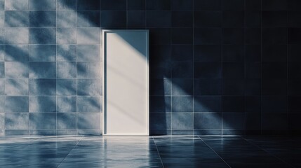 Poster - Simple White Door Standing Against Dark Tiled Wall in Soft Light