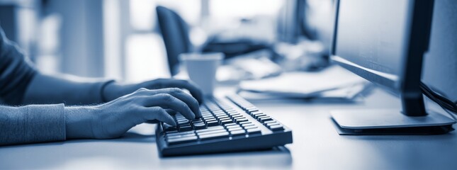 Poster - Hands typing on a keyboard set against a banner background with copyspace, embodying the fields of internet technology and computer science