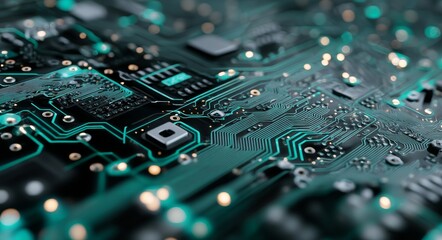 Poster - A high-tech electronic circuit board serves as the background, showcasing a close-up macro electronic circuit board, with technology chips connected to the motherboard, as well as electronic