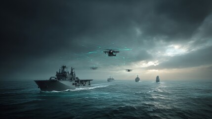 Poster - A showcase of contemporary military equipment, featuring actual fighter jets, ships, satellites, and naval vessels, all linked by lines representing communication or data connections, is on display,