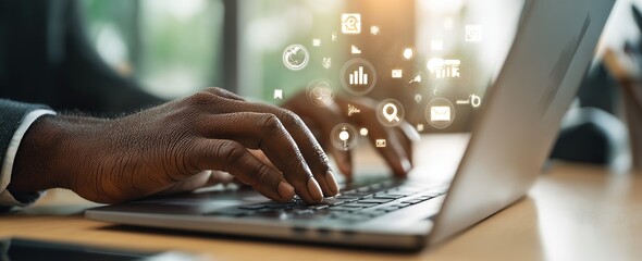 Poster - The concept of data science, business, and stock AI is intertwined with digital technology, depicting a businessman working on a laptop amidst a vast global internet network and big data