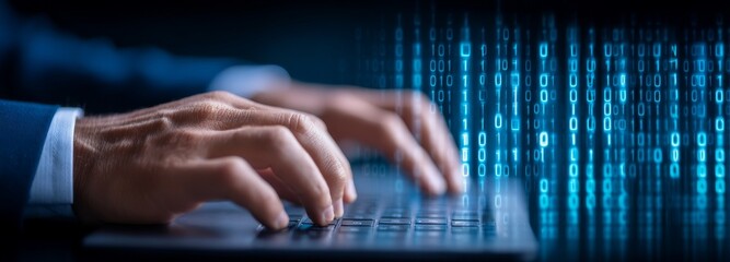 Poster - The concept of digital technology is exemplified by a man programmer working on a laptop for managing big data, with computer code displayed on a futuristic virtual interface screen for purposes of