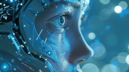 Poster - Science fiction picture of high tech robots for chat bot program, assistance technology about information with deep learning. Futuristic artificial innovative machine assist with intelligence. AIG53.