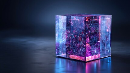 Aufkleber - A futuristic cube of technology displaying a hologram of digital data with internet connectivity set against a cyber tech background wallpaper
