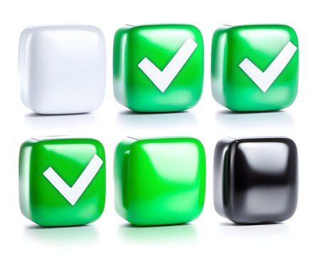 Six glossy cubic shapes; white, green, and black. Some cubes feature checkmarks indicating completion or selection.  Clean, simple design