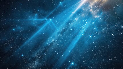 Poster - Vivid blue beams of light radiate through a starry cosmic background, creating an enchanting atmosphere. Ideal for projects exploring space and light.