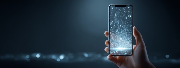 Poster - A hand is shown typing on a smartphone, with empty space available for adding text, symbolizing the concept of communication through mobile devices, suitable as a background for startup web banners
