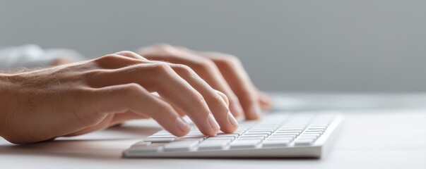 Poster - A businessman in a startup company's office is typing away on his computer keyboard, sending messages to colleagues and creating financial documents that summarize their meetings, with copy space