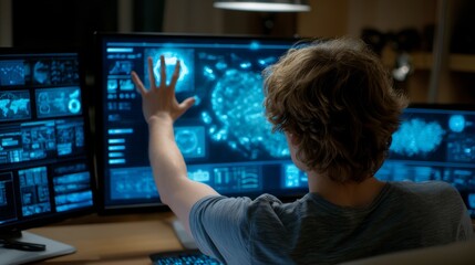 Poster - Utilizing technology and information technology, a cybersecurity expert oversees network traffic on a large computer screen
