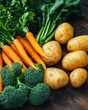 © Natchanok - Fresh vegetables on wooden surface top view including carrots broccoli potatoes and green leafy herbs studio shot