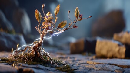 Poster - A dreamlike representation of a young plant anchored in the heart of a being, encircled by radiant power and illumination, invoking notions of individual development, rebirth, and the cultivation of