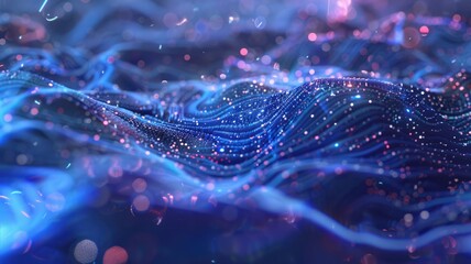 Poster - Dynamic abstract wave patterns in blue with bright particles create a captivating visual experience. Ideal for backgrounds and creative projects.