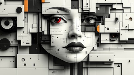 Poster - An artistic portrait that prominently showcases a womans profile, designed in a unique glitchstyle composition