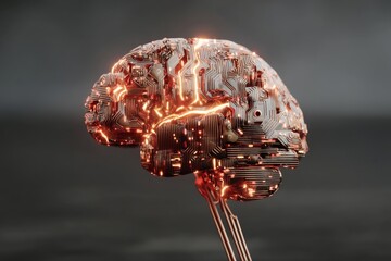 Poster - The human brain is depicted as engaging in intelligent thought processes via a neural network represented as a printed circuit, incorporating big data and stock concepts within a computer-generated