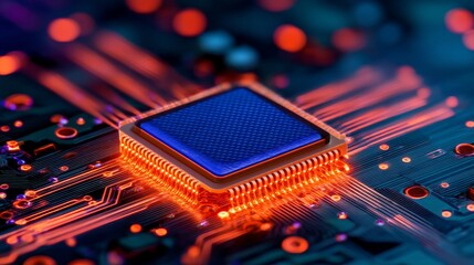 Poster - Digital microchip and electronic CPU components, including processor and motherboard, relate to hardware engineering, AI, and blockchain technology