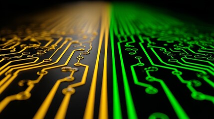 Poster - Futuristic Digital Lines in Green and Yellow are integrated into a High-Tech Structure, illustrating the Connectivity Concept with included copy-space
