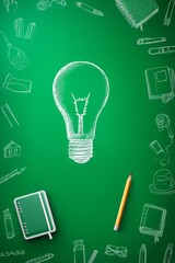 Poster - A green chalkboard background featuring white chalk drawings of various school supplies, such as light bulbs, books, stars, and hearts, ideal for a back to school theme, with the phrase back to