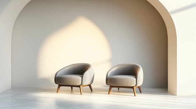 Two modern armchairs in sunlit room, minimalist design, interior photography, neutral tones, architectural detail, studio shot