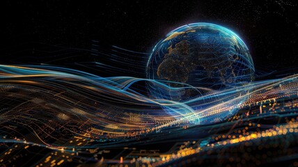 Abstract picture of neon light particle with digital technology style design connecting become dynamic of electric wave movement represent about flowing of data or structure of network system. AIG53.