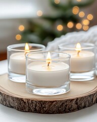 Aufkleber - Three candles in glass holders on a wooden slice with bokeh lights in the background