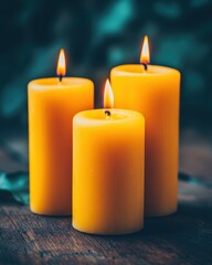 Aufkleber - Three Lit Yellow Candles on a Dark Wooden Surface Creating a Warm and Cozy Atmosphere