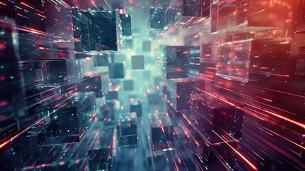 Poster - This abstract image represents a dynamic stream of data cubes moving through a colorful, energetic space, showcasing technology and innovation in a visually engaging way.