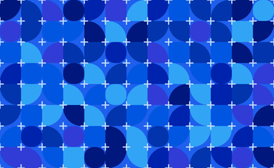 Leinwandbilder - Geometric pattern featuring a harmonious blend of circles and curves in various shades of blue. Interspersed with white plus signs. This visually striking design is perfect for backgrounds.