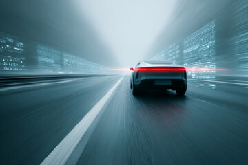 Poster - Sleek car speeds on futuristic asphalt road, surrounded by glowing city lights and digital effects, creating sense of motion, innovation, and excitement at night