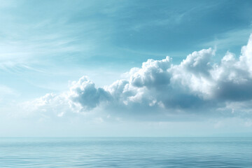 Poster - Soft billowy clouds float above peaceful sea, creating tranquil and serene atmosphere with gentle blue tones and calm water reflections