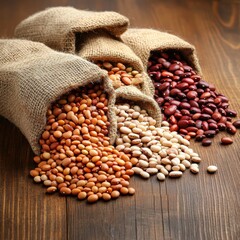 Poster - Assorted Beans Overflowing from Burlap Sacks on Rustic Wood Tabletop Close Up Still Life Food Photography