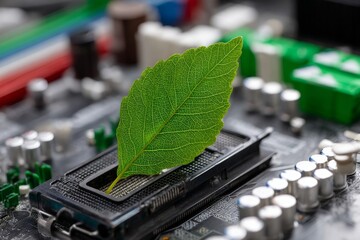 Poster - The idea of green technology is illustrated by a green recycle sign on a circuit board, highlighting the importance of Green Computing, Green Technology, Green IT, CSR, and IT ethics in innovative