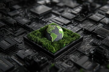Poster - The concept of green technology is represented by a green world icon on a circuit board, symbolizing innovations in environmental technology and green computing