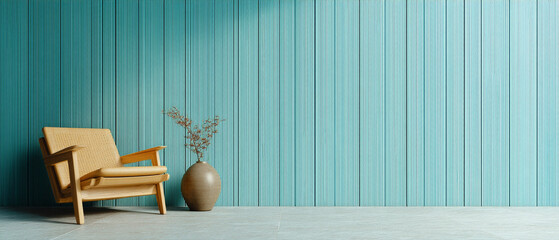 Poster - Minimalist wooden armchair and ceramic vase with dried branch on light gray floor against serene blue wood panel wall, creating calm and modern interior atmosphere