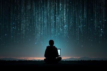 Poster - In a stock image, a man is shown using a laptop and digital tablet, connected to the internet and displaying computer code, with a background that incorporates the Internet of Things concept, digital
