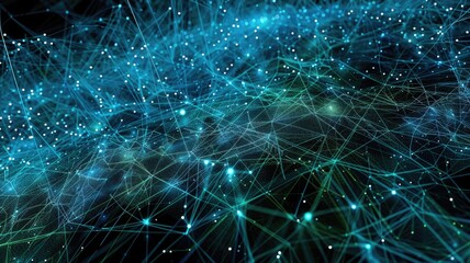 Poster - Explore an abstract representation of data visualization featuring interconnected lines and particles in blue and green tones, highlighting technology and innovation.