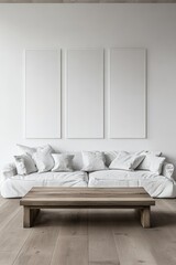 Aufkleber - Interior mockup with three blank frames above a sofa and a wooden table, minimalist style, shot at eye level, home environment
