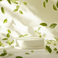 Aufkleber - Minimalist product display with round podium and falling green leaves in soft natural light studio setting