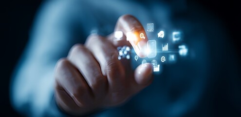 Poster - A successful and handsome businessman touches buttons that represent the future of web technology and