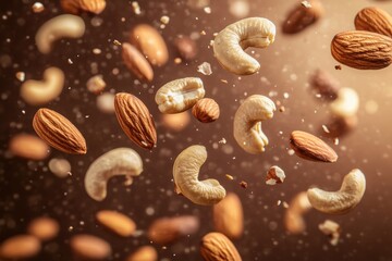 Poster - Almonds and Cashews Levitate in Air Against Warm Brown Background Food Photography Still Life