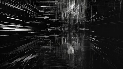Poster - Abstract of complex glitch with pixel effect in dark background use shading and monochrome to express mysterious design or complexity through tiny object convey sense of horror digital scene. AIG53.
