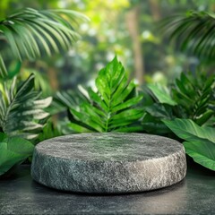 Aufkleber - Stone Podium Display Surrounded by Lush Tropical Greenery Close Up Product Presentation Background