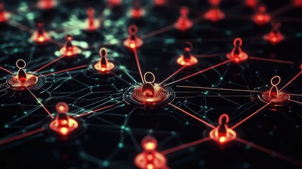 Fototapete - Abstract Network of People Connecting with Red Lines on Dark Background in Low Angle View