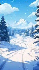Poster - Winter landscape illustration of snowy road through forest leading to mountains under blue sky illustration