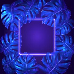 Fototapete - Tropical Monstera Leaves Frame with Neon Square Border in Blue and Purple Tones for Modern Design