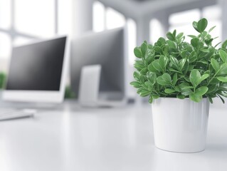 Aufkleber - Potted Plant on Desk in Modern Office, Close-Up View, Bright Light, Minimalist Design, Clean Workspace, Computer Background